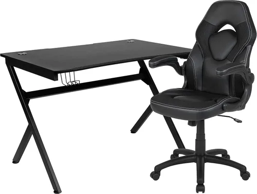 Vista 12 de Flash Furniture Juego de escritorio para juegos negro y silla de carreras blanco/negro con soporte para tazas, gancho para auriculares y soporte