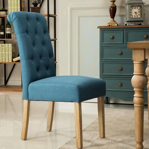 Vista 6 de Roundhill Furniture - Silla de comedor parsons de madera maciza costumbrista y tapizado estilo capitoné (juego de 2), azul