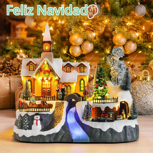 Vista 6 de DREAM GARDEN Casa de pueblo de Navidad, iglesia iluminada con tren en movimiento y árbol de Navidad, funciona con pilas, edificios musicales