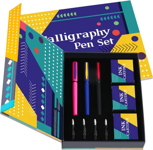 Vista 5 de Juego de bolígrafos de caligrafía Aifeiter, plumas estilográficas de caligrafía con 7 puntas reemplazables diferentes con 60 cartuchos de tinta