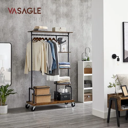 Vista 2 de VASAGLE UHSR66BX - Perchero para ropa con ruedas, organizador de ropa portátil con 5 niveles, estilo de tubería industrial, marrón rústico