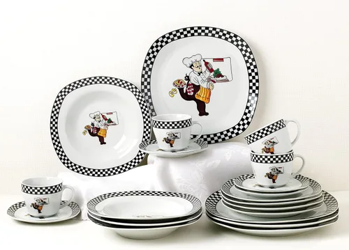 Vista 3 de Elegante y elegante vajilla cuadrada de porcelana de 20 piezas, servicio para 4 personas para organizar fiestas y eventos, diseño de chef