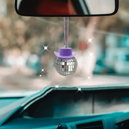 Vista 10 de Accesorio de Coche con Bola de Discoteca y Sombrero de Vaquero Negro, Adorno de Espejo, Accesorios Interiores