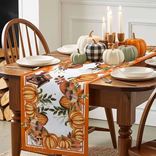 Vista 3 de T&H XHome Camino de mesa de lino de 36 pulgadas de largo para Acción de Gracias, otoño, calabaza, naranja, acuarela, para fiesta, comedor, aparador