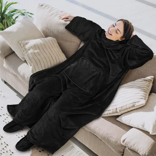 Vista 2 de PAVILIA Manta de forro polar con mangas, bolsillos para los pies para mujeres, hombres y adultos, manta de felpa para llevar, cálida manta