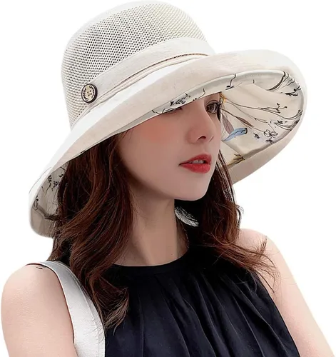 Vista 6 de Sombrero de malla para el sol para mujer, plegable, de ala ancha, protección UV, protección UV, para playa, con correa para la barbilla