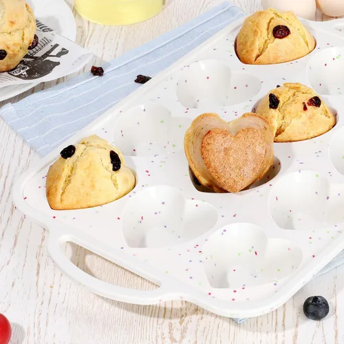 Vista 2 de CAKETIME Molde para magdalenas con forma de corazón con marco metálico, moldes de silicona antiadherentes en forma de corazón para hornear muffins