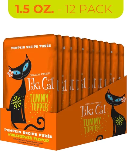 Vista 3 de Tiki Cat Tummy Topper, puré de receta de calabaza, formulado para apoyar la digestión saludable, Mousse Cat Food Topper, bolsa de 1.5 onzas