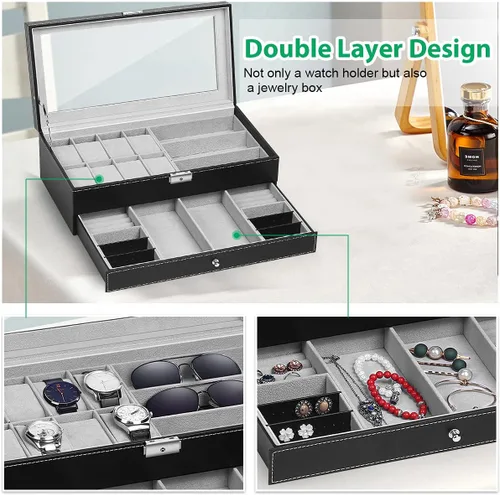 Vista 3 de TomCare Caja de reloj mejorada para reloj organizador de joyas caja de exhibición de joyas cajón de gafas de sol organizador de almacenamiento