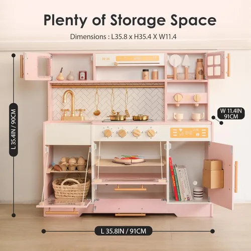 Vista 5 de Cocina de Juguete de Madera Rosa para Niños - Electrodomésticos Realistas, Almacenamiento y 15 Accesorios Divertidos para Inspirar