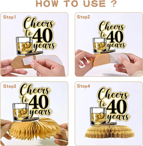 Vista 4 de Centros de mesa de panal de abeja de whisky de 40 años, 6 piezas de decoraciones de cumpleaños de edad a 40 perfección, decoraciones de cumpleaños