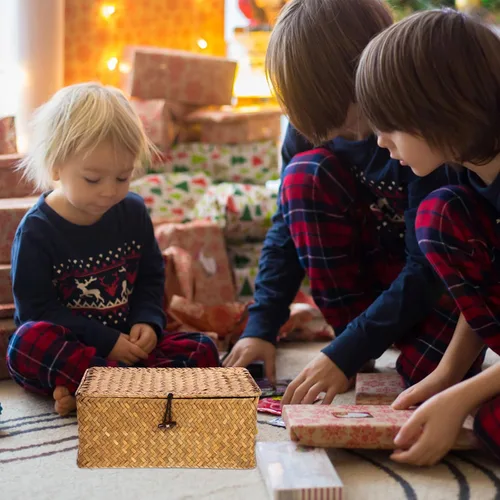 Vista 5 de Almacenamiento de pastos marinos con tapa: cesta rectangular tejida de mimbre natural para el hogar, cajas organizadoras de estantes, organizador