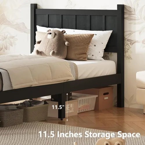 Vista 5 de Bellemave Cama de panel plano de tamaño individual con cabecero y estribo, cama de plataforma minimalista y moderna con acabado de grano de madera