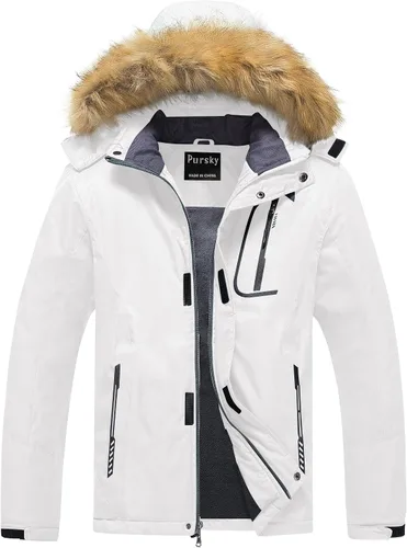 Vista 13 de Pursky Chaqueta de esquí impermeable para hombre, abrigos de nieve de invierno, abrigos con capucha de piel, parka