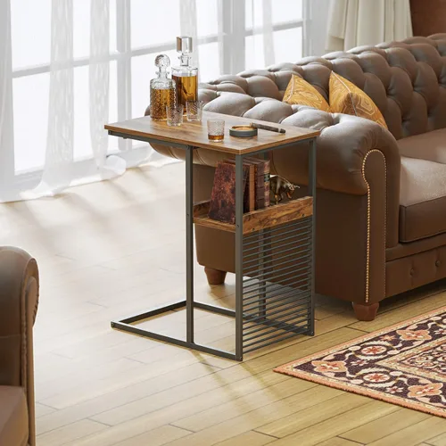 Vista 2 de Cubiker Mesa auxiliar para sofá, mesa auxiliar con estante de madera, mesa de sofá en forma de C para sala de estar, dormitorio, mesita de noche