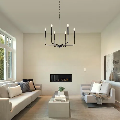 Vista 6 de Lámpara de araña negra, moderna lámpara de comedor de granja de 6 luces con cadena, accesorios de iluminación colgantes de metal, luces de comedor