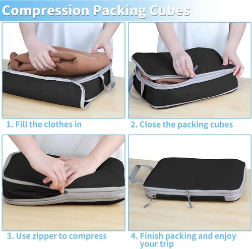 Vista 3 de Cubos de embalaje de compresión para maleta, 6 bolsas de viaje organizadoras para equipaje, cubos organizadores para artículos esenciales de viaje