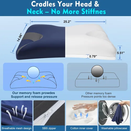 Vista 6 de Almohada CPAP para personas que duermen de lado y espalda – Almohada cervical ajustable de espuma viscoelástica para apoyo del cuello y un mejor