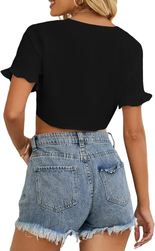 Vista 2 de LYANER Blusa corta de manga corta con cuello en V profundo y nudo frontal para mujer