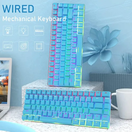 Vista 2 de FELICON AK33 - Teclado mecánico con cable para juegos, retroiluminación LED arco iris, con cable USB, 82 teclas, teclado de computadora