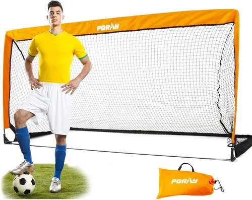 Vista 13 de Portería de fútbol portátil de Poray con red emergente para niños y adultos con tela Oxford de 210D y estacas extra, regalo de cumpleaños