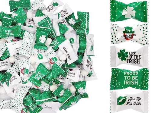 Vista 8 de Caramelos de menta irlandesa de San Patricio, paquete de 55 mentas después de la cena, caramelo de mantequilla y menta, diseño de leprauchan verde