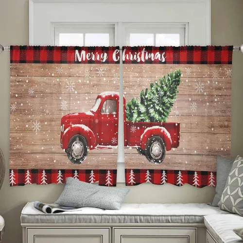 Vista 4 de Cortinas traslúcidas para camión rojo de Navidad de 45 pulgadas de largo, juego de 2 paneles de tablero de madera retro rústico con cuadros
