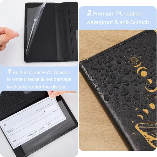 Vista 3 de Funda para chequera personal, cartera RFID con soporte para bolígrafo y divisor de plástico transparente integrado para cheques duplicados, Negro