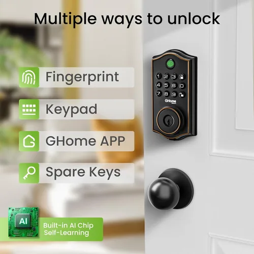 Vista 2 de GHome Smart Cerrojo de Seguridad, Cerradura de Puerta sin Llave con Código de Huella Dactilar para Puerta Delantera, Bloqueo Automático, Control por