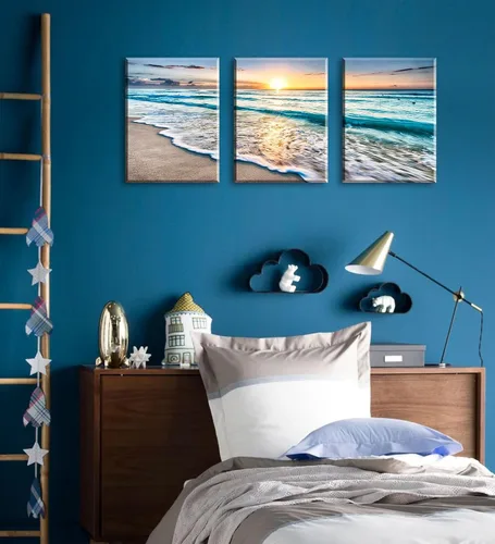 Vista 6 de 3 piezas de decoración del océano, decoración moderna de playa para baño, arte de pared para sala de estar, decoración de playa para el hogar