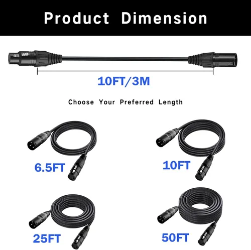 Vista 4 de Cable DMX flexible de 10 pies de señal XLR macho a hembra, cable DMX para iluminación de escenario, luces de DJ, cabezal móvil y accesorios LED par