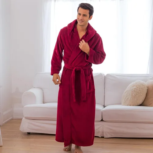 Vista 3 de Alexander Del Rossa Bata de baño de vellón suave con capucha para hombre, bata larga y cálida con capucha