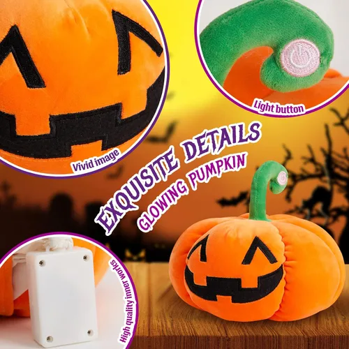 Vista 3 de Peluche de calabaza de Halloween con luz LED brillante, luz nocturna esponjosa, suave, fantasma Jack O Lantern, juguete de peluche, regalos
