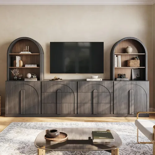 Vista 28 de BELLEZE Centro de entretenimiento modular de 4 piezas con almacenamiento, 2 vitrinas de madera moderna con gabinete arqueado y 2 armarios de puerta