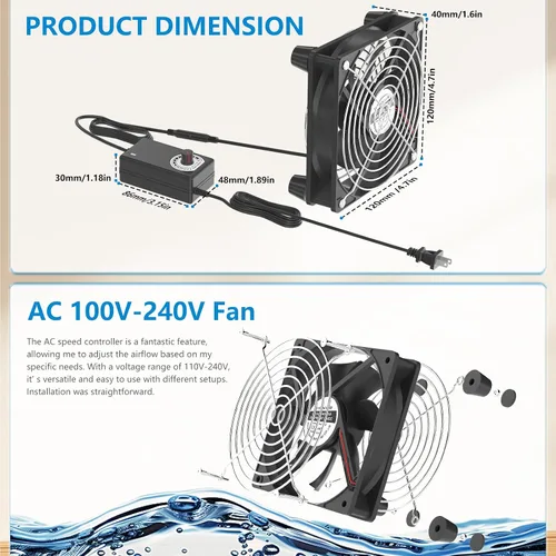 Vista 3 de Ventilador de computadora con enchufe de CA, ventilador de computadora de 12 V con CC 3-12 V a CA 100-240 V controlador de velocidad para Biltong