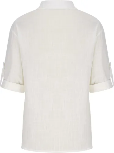 Vista 5 de Camisas de lino de algodón para mujer 2022, estilo casual, de manga corta, con cuello y botones, color liso, ajuste holgado