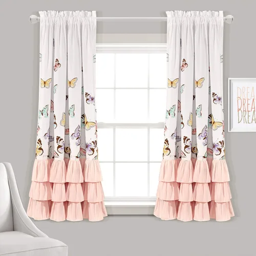 Vista 7 de Lush Decor - Cortinas de mariposas Flutter Juego de paneles con diseño de volantes para ventana de la sala, comedor, dormitorio (par), 84 x 52 Rosa