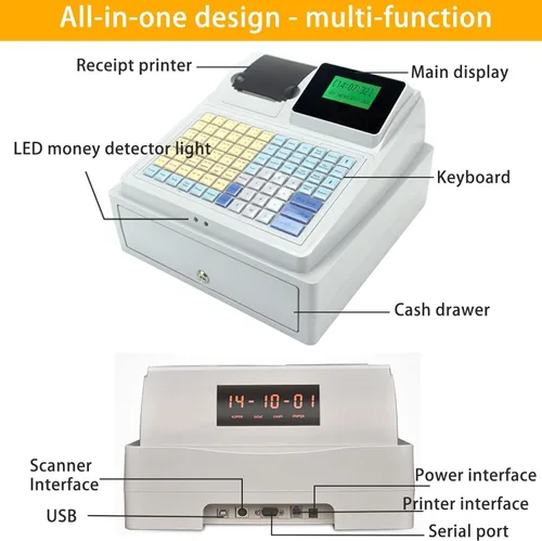 Vista 5 de Sistema de caja registradora electrónica, caja registradora electrónica LED de 81 llaves, con teclado plano, cajón de efectivo e impresora térmica