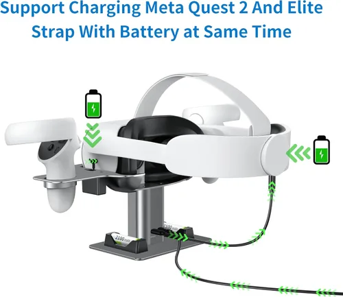 Vista 3 de Estación de carga rápida de auriculares VR de aleación de aluminio para Oculus Quest 2 Meta Quest 2, compatible con correa Elite con batería con 4