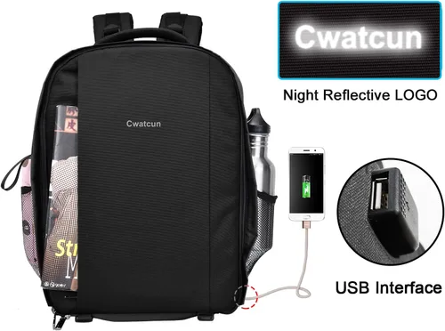 Vista 5 de Cwatcun Mochila profesional para cámara réflex digital con puerto de carga USB, cubierta para lluvia, mochila para computadora portátil de Negro