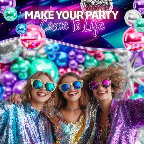 Vista 7 de Kit de Arco de Globos de Discoteca TODO EN 1 con Bolas de Discoteca y Destellos Estelares ADICIONALES para Decoraciones de Fiesta de Discoteca - Kit