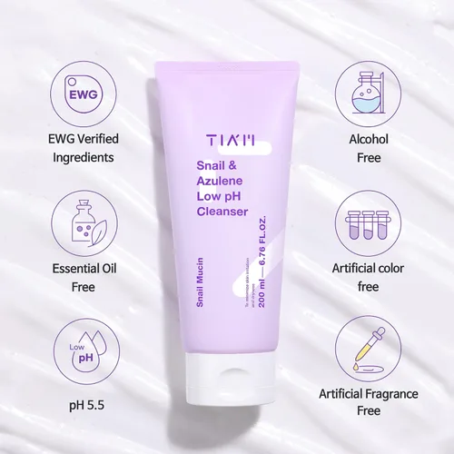 Vista 2 de TIA'M Snail&Azulene Limpiador de pH bajo, 6.76 onzas líquidas, limpiador facial suave diario con mucina de caracol, adecuado para pieles sensibles