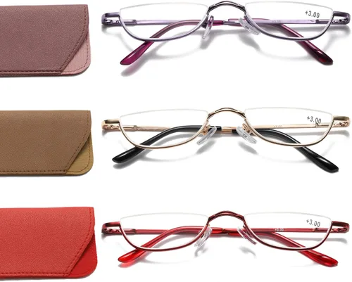Vista 9 de Viseng Gafas de lectura de medio marco para mujer y hombre, lentes de media luna delgadas, lectores de metal con montura semi desmontable +1.0