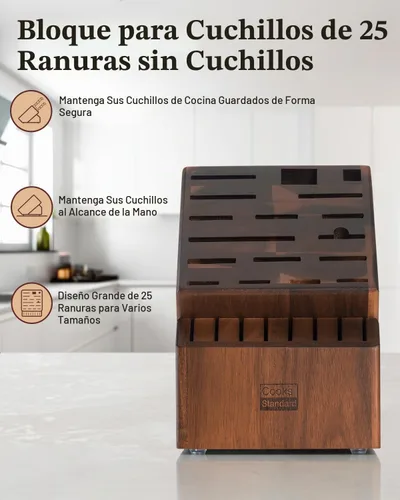 Vista 6 de Cooks Standard Soporte para bloque de cuchillos de madera de acacia sin cuchillos, 25 ranuras, extragrande, universal, soporte de cocina