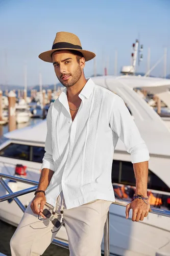 Vista 4 de COOFANDY Camisas de guayabera cubana para hombre, manga larga, casual, con botones, de algodón, para playa