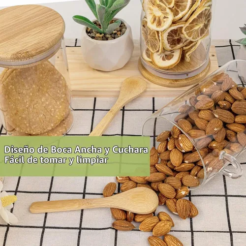 Vista 5 de Recipientes herméticos de almacenamiento de alimentos, frasco de vidrio con cuchara de madera y tapas, frascos de 20 oz para servir sal de baño