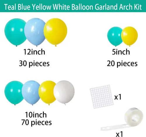 Vista 5 de Kit de arco de globos azul, amarillo y blanco, guirnalda de globos azul claro, verde azulado y amarillo blanco, globos azules y amarillos