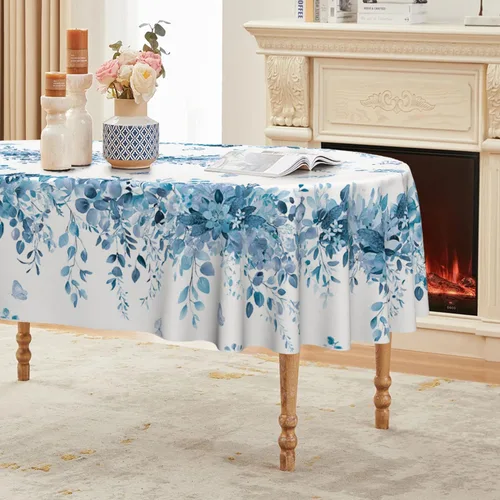 Vista 16 de Horaldaily Mantel de primavera rectangular de 52 x 70 pulgadas, mantel floral de eucalipto azul para decoración de fiestas, pícnic, cenas