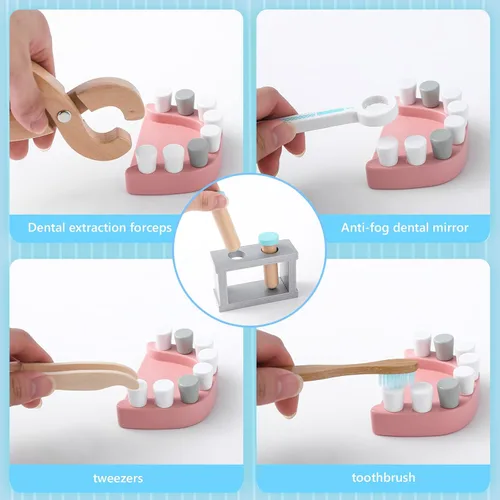 Vista 3 de umu Kit de médico para niños, juguete de simulación de 36 piezas de madera para niños pequeños, kit de dentista Montessori Toys para niños y niñas