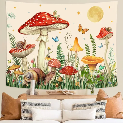 Vista 3 de Zussun Tapiz de hongo rojo, tapices de luna y estrella para dormitorio, estética de color beige, noche estrellada, planta verde, tapiz de pared